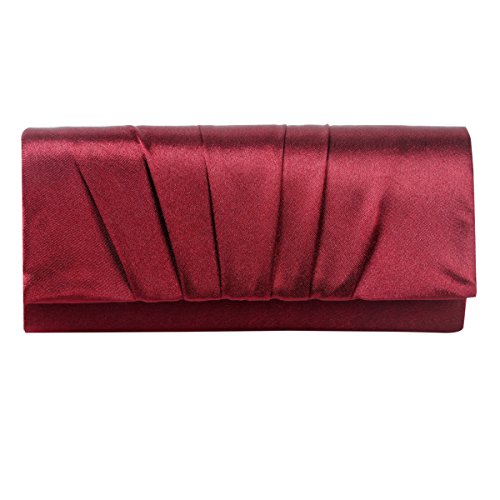 Damara Womens Satin Pleated Clutch Bag Wedding Bridal Prom Evening Handbag,Wine Red