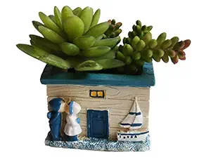 Homesutraa Resin Hut House Shape Mini Planter Pot Cactus Succulent-Garden Table Indoor Office Desk Balcony Decoration Item (White-Blue 8.5X7.5X6.9 cm)