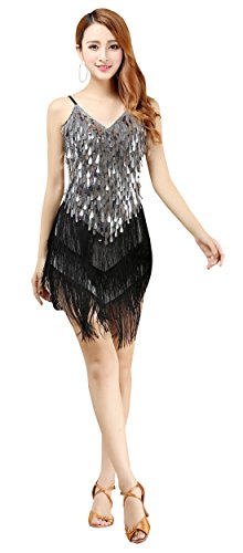 BELLYQUEEN Robe Gatsby sans Manche Femme Déguisement Charleston Costume Années 1920 Vintage Robe Danse Latine Salsa Argent