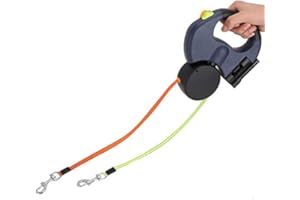 LYRLODY Chowana Smycz dla Psa 3, Podwójna Smycz dla Psów 2, Wysuwana Smycz 360 °, ze światłami LED, Odblaskowa Nylonowa Taśma(Ciemny szary)