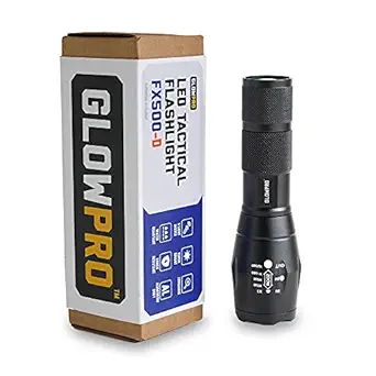 GlowRay GlowPro LED Tactical Flashlight FX500 - D | Super Bright Torch with 5 Modes, Aluminium Body, Zoomable Focus, IP65 for Camping, Hiking and Emergency | with AAA Batteries & Holster | Black