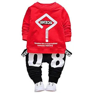 Hopscotch Baby Boys Cotton and Spandex Text Art Printed Full Sleeves Sweatshirt and Pant Set (Red, 9-12 Months)