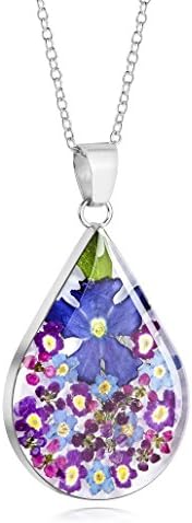 Natural Flower JewellerySterling Silver Large Tear Drop Pendant Made with Real Flowers Purple Mix