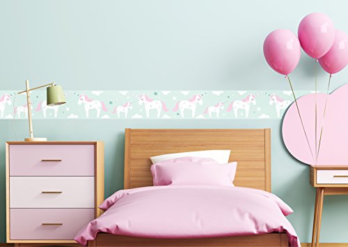 lovely label Bordüre selbstklebend EINHORN ROSA/MINT – Wandbordüre Kinderzimmer / Babyzimmer mit Einhörnern und Sternen in versch. Farben – Wandtattoo Schlafzimmer Mädchen & Junge, Wanddeko Baby / Kinder - 3