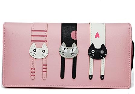 Ladies Long Zipper Purse Cute Cat Multi-card Position Two Fold Leather Wallet (Long Wallet- Pink)