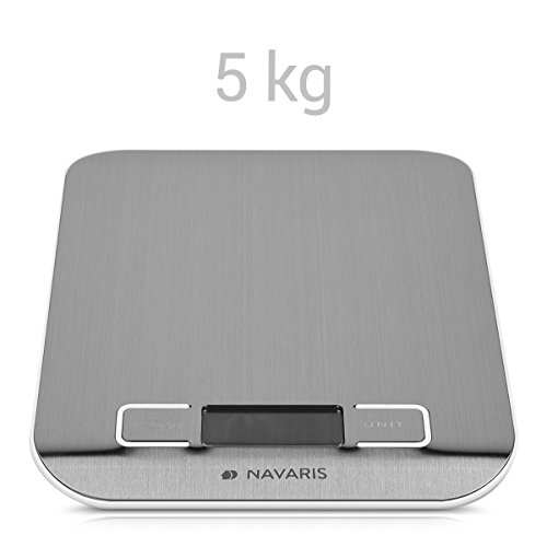 Navaris Digitale Küchenwaage / Genaues Wiegen bis zu 5kg / elektronische Präzisionswaage mit LCD-Display Anzeige / für Küche und Haushalt / mit Tara-Funktion / Inkl. Batterie / in Silber - 2
