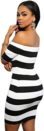 COSIVIA Womens Sexy Black White Striped Off Shoulder Mini Dress ((US 12-14)L, As shown)
