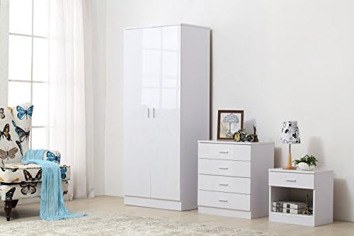 OSSOTTO HIGH GLOSS 3 Piece Bedroom Furniture Set - Includes Soft Close Wardrobe, 4 Drawer Chest &amp; Bedside Cabinet (White on White)