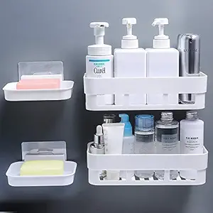 MorivaHomes Multipurpose Plastic Kitchen Bathroom Shelf Wall Holder Storage Rack Bathroom Organizer Rack Storage Box Strong Adhesive Sticker Shower Rack Shelf (2 Bathroom Shelves+ 2 Soap Box)