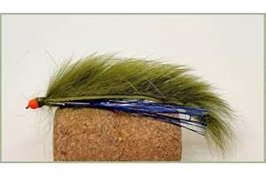 TROUTFLIESUK Hothead Fishing Fly, 4 Pack Hothead Olive Blue Flash Snake Zonker Flies, Size 10, Rear Hook, Fly Fishing, Hot head Lures.