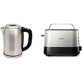 Amazon Basics 1.7L Edelstahlwasserkocher mit Digitalanzeige8 + Philips Toaster – 2 Toastschlitze, 7 Stufen, Brötchenaufsatz, 