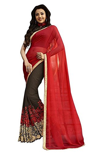 Saree Center Georgette Saree With Blouse Piece (Sc_Brownskirt_Red_Free Size)