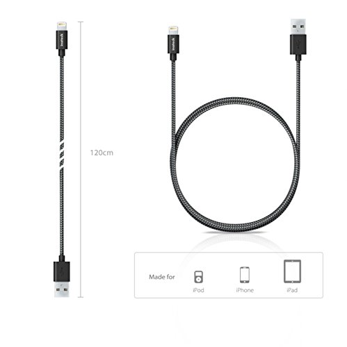 [Apple MFI zertifiziert] Inateck 1.2m Lightning Kabel USB-Sync-Kabel mit Aluminium Stecker Für iPhone 6/6 Plus/5S/5C/5, iPad Air/mini/mini 2/iPad 4 Gen, und iPod nano 7 Gen, Schwarz - 2