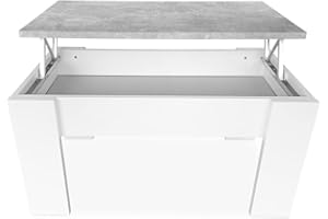 mattfy - Mesa de Centro para el Café/Té, Elevable, Mesita de Salón o Comedor, Color Blanco con Tapa Gris Cemento, Medidas: 90 cm (Ancho) x 50 cm (Fondo) x 46/57 cm (Alto)