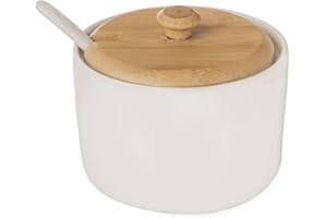orion group Zuccheriera in porcellana con coperchio e cucchiaio | Altezza 6,5 cm | Porcellana bianca e legno di bambù | Vestito per caffè bar contenitore di zucchero ecologico
