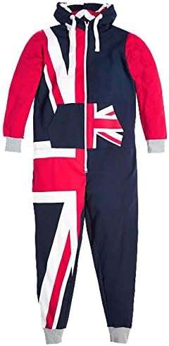 London Couture Mens All Over Union Jack Print Zipper Onesie UK Flag Hooded Jumpsuit (Small, Navy)