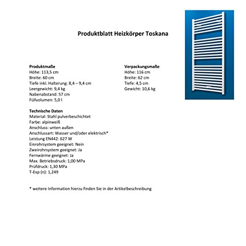 Badheizkörper Seitenanschluss unten Toskana 113×60 cm Design-Heizkörper Bad weiß vom Renovierungsprofi, 1 Stück, 4056397001706 - 6