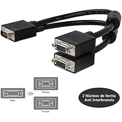 ICZI Cable Duplicador VGA con 2 Núcleos de ferrita Splitter VGA Adaptador con Conectores niquelados Macho a Hembra para 2 Monitores Pantallas + Tapitas Anti-Polvo+ Velcro