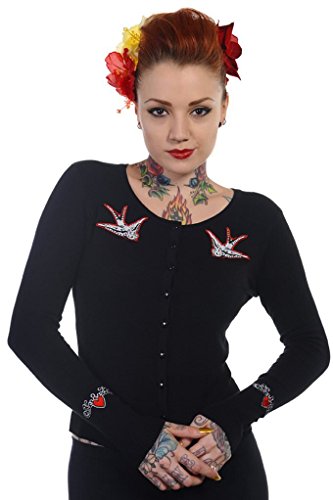 Banned Oiseau Hirondelle Rouge Cardigan Gilet Tricot de Années 50 - Noir (XL - FR 44)