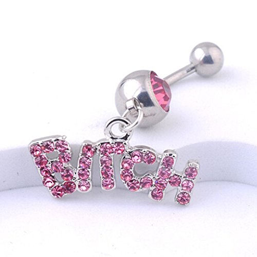 ELENXS Rhinestone LETTER Pendant Body Jewelry Barbell Belly Button Navel Ring Bar Piercing Pink