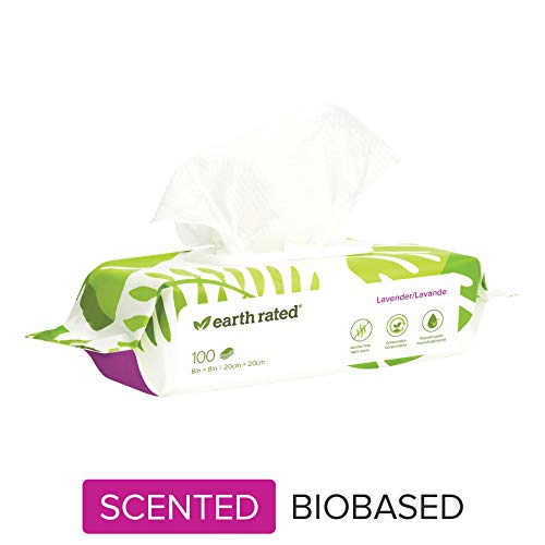 Earth Rated Certified Compostable Dog Wipes, 100 Hypoallergenic Pet Wipes For Dogs, Lavender-scented Deodorizing Grooming Wipes for Paws, Body and Bum, Doggie Wipes Measure 20 x 20 cm