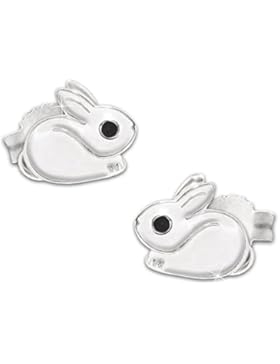 CLEVER SCHMUCK Silberne kleine Ohrstecker Mini Hase 6 mm hockend Fell weiß und Auge schwarz lackiert glänzend...