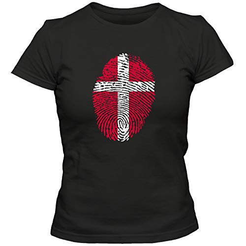 Damen T-Shirt DÄNEMARK Danmark Denmark Fußball Trikot Fingerabdruck WM EM, Farbe:schwarz, Größe:XL