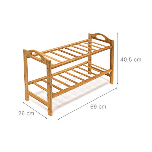 Relaxdays Bambus Schuhregal H x B x T: ca. 40,5 x 69 x 26 cm Schuhschrank mit praktischen seitlichen Griffen und 2 Ablagen für Ihre Schuhpaare zur Schuhaufbewahrung aus Holz als stabiles Regal, natur - 3