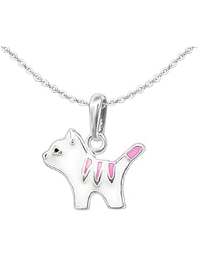 CLEVER SCHMUCK-SET Silberner Anhänger Mini Katze 10 x 13 mm weiß rosa schwarz lackiert glänzend und Kette Anker...
