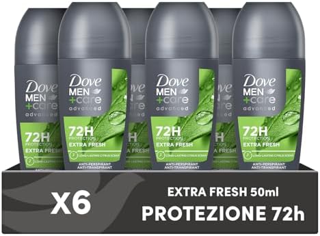 Dove Men+Care Roll On Advanced Care Extra Fresh, Deodorante Uomo Antitraspirante Senza Alcol, con 1/4 di Crema Idratante, Protezione Fino a 72 Ore, 6 Pezzi da 50 ml