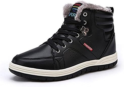 SGoodshoes Men Winter Warm Snow Boots Lace Up Leather Ankle Sneaker Outdoor Waterproof High Top Shoes With Fully Fur Lined, Black 44
