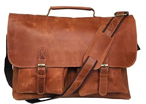 Umhängetasche Leder KK'S Bags Messenger Aktentasche Tragetasche Laptoptasche 16 Zoll Ledertasche Vintage Arbeitstasche SchultertascheBraun Herren Damen Groß L 16 inch