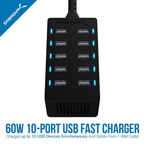 Sabrent 60 Watt (12 Amp) 10-Port Family-Sized Desktop USB Rapid Charger. Smart USB Ports with Auto Detect Technology [Black] (AX-TPCS)