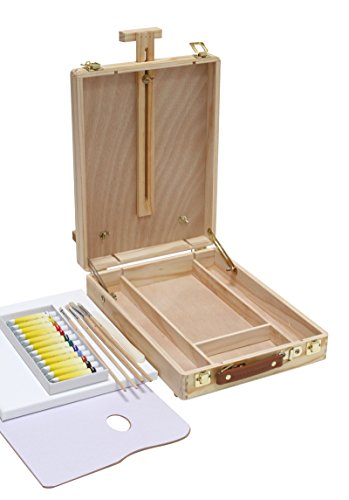 TISCHSTAFFELEI+ MALSET, 12 Acrylfarben, Pinselset + Keilrahmen – 20-teilig, Utensilienkoffer, Kofferstaffelei - 4