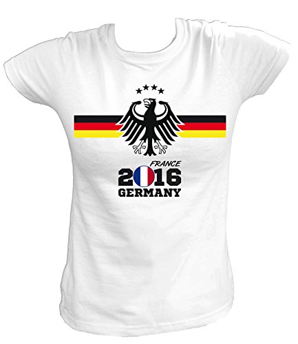 Artdiktat Damen Deutschland Fan T-Shirt – EM 2016 Frankreich – Trikot Ersatz – inkl. Wunschname und Nummer XS – 5XL Größe 4XL, weiß