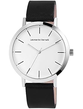 Leonardo Verrelli Herrenuhr analog Armbanduhr Silberfarbig Quarzwerk und Metallgehäuse rund 43mm x 8mm Kunstlederarmband...