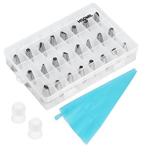 HOOMIL Spritztüllen Set mit 24 Stücke Edelstahl Garniertülle, 2 Kupplung und 1 Spritzbeutel für Pralinen, Plätzchen, Keksen, Kuchen und Torten Deko Decorating Tools