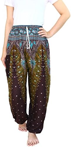 YAOWALUCK Harem Trousers - Aladdin Hippie Pants Yoga for Women &amp; Ladies (XL, Peacock Brown/Green with Drawstring Waist)