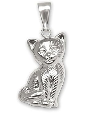 CLEVER SCHMUCK Silberner Anhänger Katze 15 mm sitzend beidseitig plastische Form mit Fell gestrichelt und glänzend...