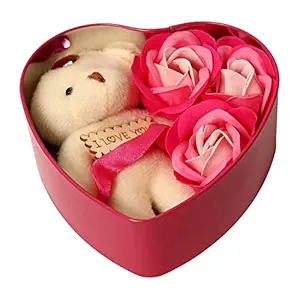 HOMOKART Artificial Flowers Bud Fragrant Petal Soap, Teddy, Heart Box, Tag (Red, 1 Teddy, 3 Rose Bud Petal Soap, 1 Tin Box, 1 Tag), 6 Pieces, Multicolor