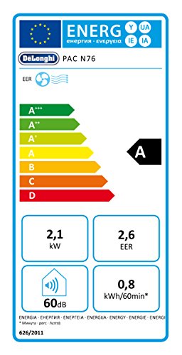 De’Longhi PAC N76 Mobiles Klimagerät (Max. Kühlleistung 2,1 kW/8.200 BTU/h, Separate Entfeuchtungsfunktion, Geeignet für Räume bis 70 m³) [Energieklasse EEK A] - 2