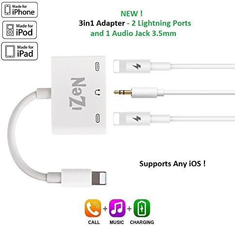 iPhone 7 Adapter, iPhone X Adapter, iPhone 8 Adapter, 2 in 1 Lightning Adapter for iPhone 7/8/X, Dual Lightning with 3.5mm Headphone Jack 3 in 1 Adapter, Supports Any iOS