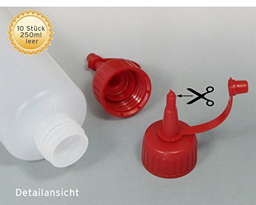 10 x 250 ml Kunststoffflaschen, Plastikflaschen aus HDPE mit roten Spritzverschlüssen bzw. Tropfverschlüssen, chemikalienresistent - 2