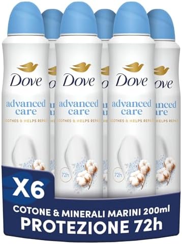 Dove Deodorante Spray Advanced Care Fresh Cotton, Deodorante 72 Ore Protezione Sudore e Odori, con Formula Idratante e Delicata, Ripara la Pelle dopo la Rasatura, Fragranza Cotone, 6 Pezzi da 200 ml