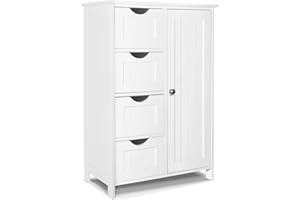 VOUNOT® Mobile Bagno da Terra Cassettiera con 4 Cassetti Armadio con Anta e Ripiano Regolabile, Armadietto Autoportante Mobiletto Portaoggetti da Ingresso Soggiorno Cucina Corridoio, 55x30x82cm Bianco