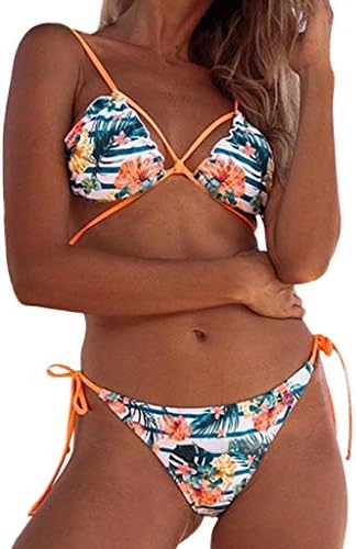 Siswong Women's Bikini Two Piece Swimsuit Pushups Swimsuit High Waist Flounce Bikini Set Halter Ladies Swimming Costume Beach Bathing Swimwear Filled Bra Beachwear Orange