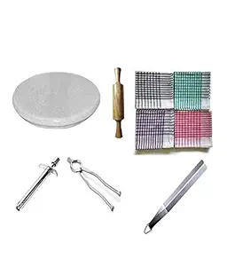 Mamta Creations White Chakla | Rolling Pin Board, 9 inch Wooden Belan, Chimta, Sandasi, Gas Lighter and 4 Roti Kapda - Pack of 6
