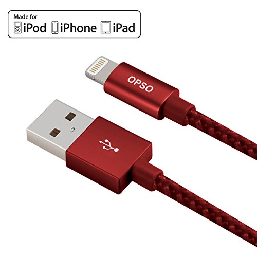 OPSO iPhone Charger - [ MFi Certified] Nylon Braided Lightning Cable for iPhone 7 Plus 6S Plus 6 Plus SE 5S 5C 5, iPad 2 3 4 Mini, iPad Pro Air 2, iPod - 0.15m Red
