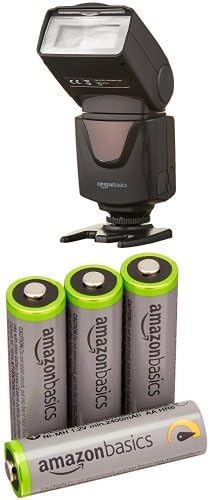 AmazonBasics Electronic Flash for DSLR Cameras with 4 High Capacity AA Pre-Charged Rechargeable Batteries (2400 mAh)