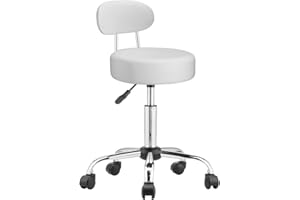 BAKAJI Sgabello con ruote e schienale, Sedia da lavoro girevole con supporto schiena, Seduta Imbottitura 10 cm Ecopelle e Base Acciaio, Altezza Regolabile, per estetista, ufficio, lavoro (Bianco)
